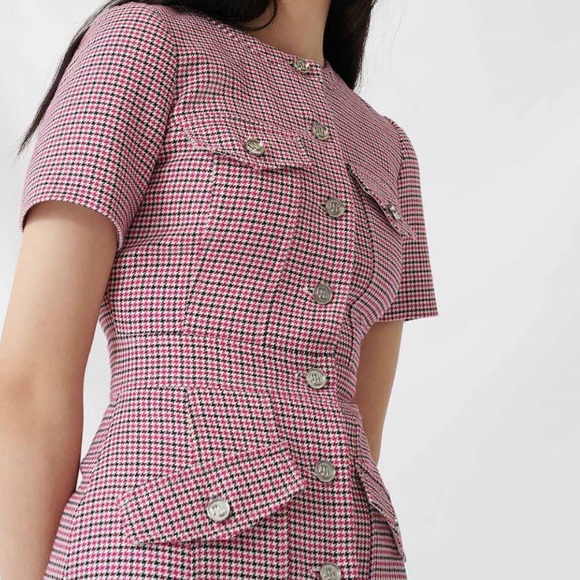 Maje Barbiecore Rida Pink Tweed Houndstooth Mini Dress - Picture 2 of 12
